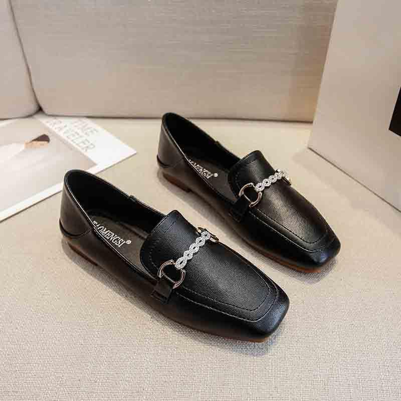 Japoński styl college'u Wiosna Nowe małe skórzane buty damskie Rhinestone Płaskie dno Kwadratowe noski Duże rozmiary Buty typu loafer damskie