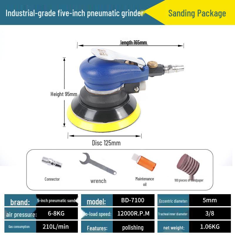 5-Inch Pneumatic Handheld Grinder & Polisher with Sandpaper & Waxing Head