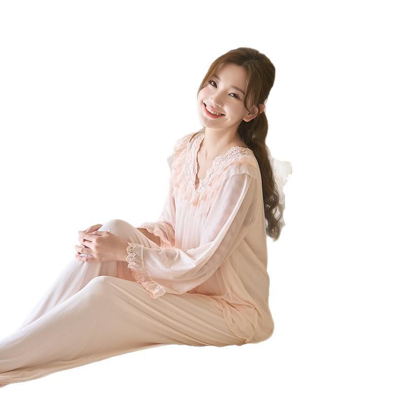 Retro Court Style Women's Nylon Mesh Home Wear Set (Long Sleeve Top and Pants)