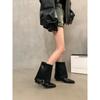 Women's Metal Buckle Pointed Toe Mid Calf Boots with Block Heel Faux Leather Rubber Sole Autumn Winter Fashion Boots