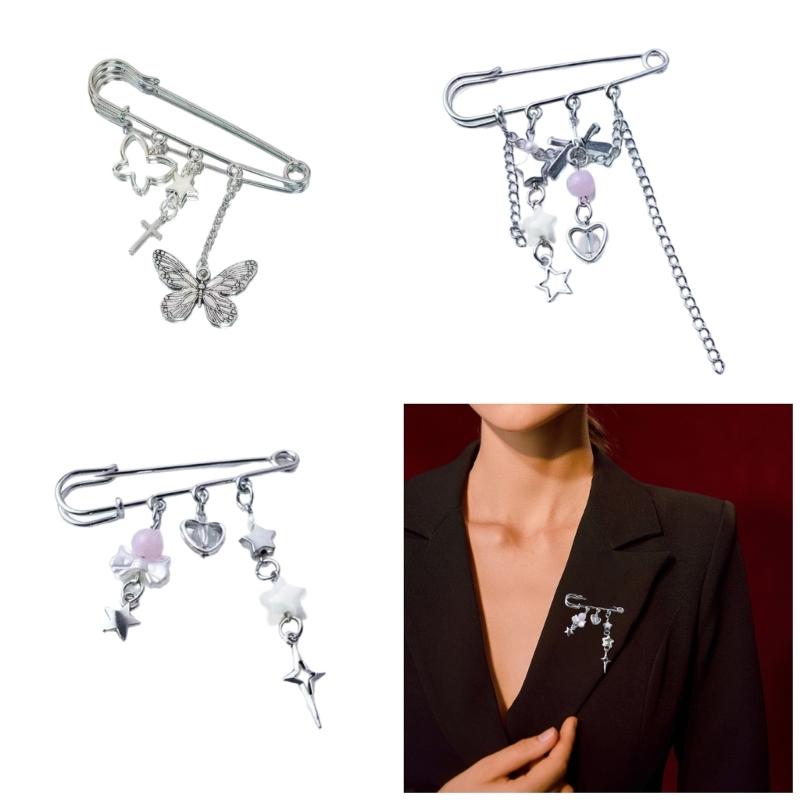 Broche Élégante avec Étoile Cœur Nœud Papillon Chaîne Accent Insigne Argenté Tendance Broche Accessoire pour Collectionneurs