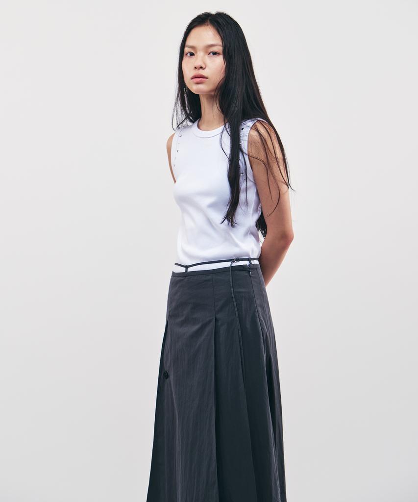 City Breeze Cotton Pleated Belted Long Skirt_Charcoal