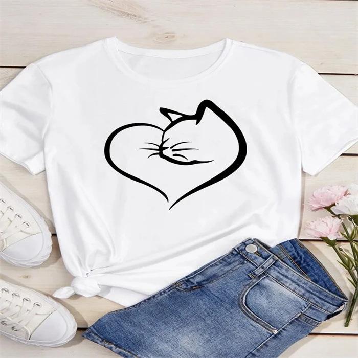 Letní top s kulatým výstřihem a potiskem Módní Ležérní Roztomilá dámská trička z čisté bavlny s krátkým rukávem