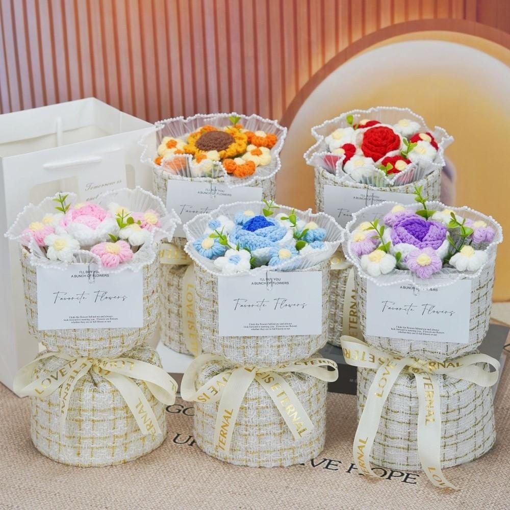 With Light Puff Flower Bouquet Gift Knitted Flower Bouquet Sunflower Bouquet  Valentine's Day