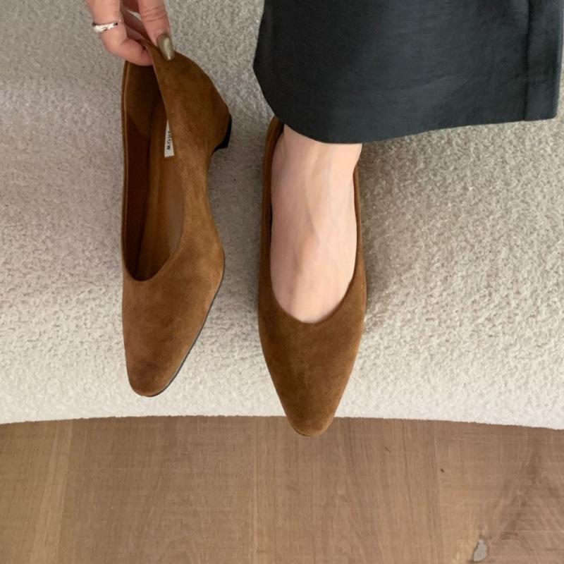 2025 Spring New Versatile Solid Color Suede Pointed Head Thin Heel Medium Heel Single Shoes Low Heel Light Mouth Ladyshoes Women's Shoes