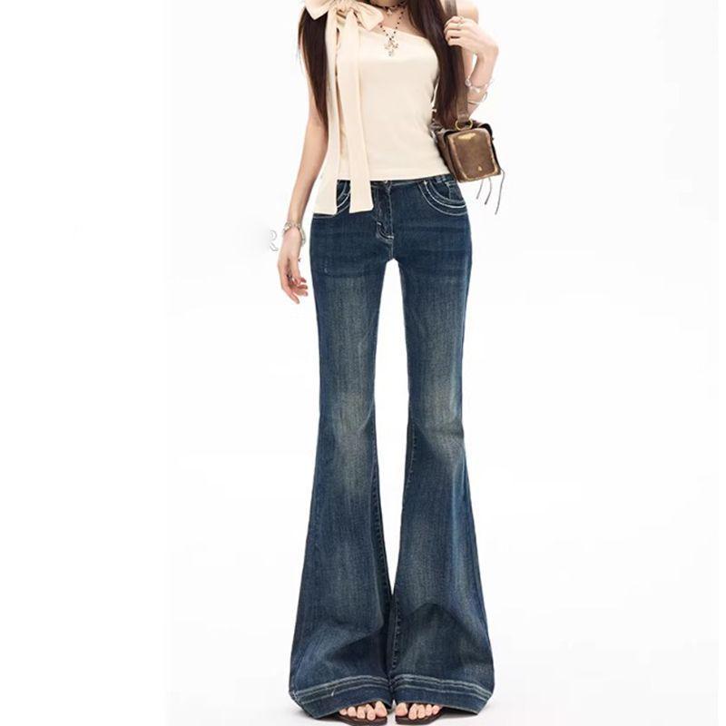 Women s Low-Waist Retro Dark Blue Micro-Flare Jeans - Spicy Girl Style Extra Large сине серый