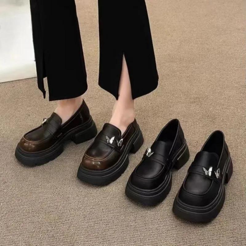 New Butterfly Black Brown Lolita Shoes Women  Casual Platform Mary Jane Female Korean Version Small Leather Shoes High Heels