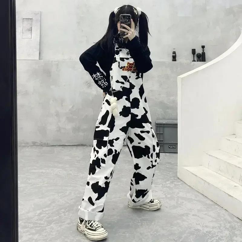 Mono de Vaca Estampado para Mujer Negro Blanco Cuadros Overoles Casuales Harajuku Pantalones Holgados Hip-hop