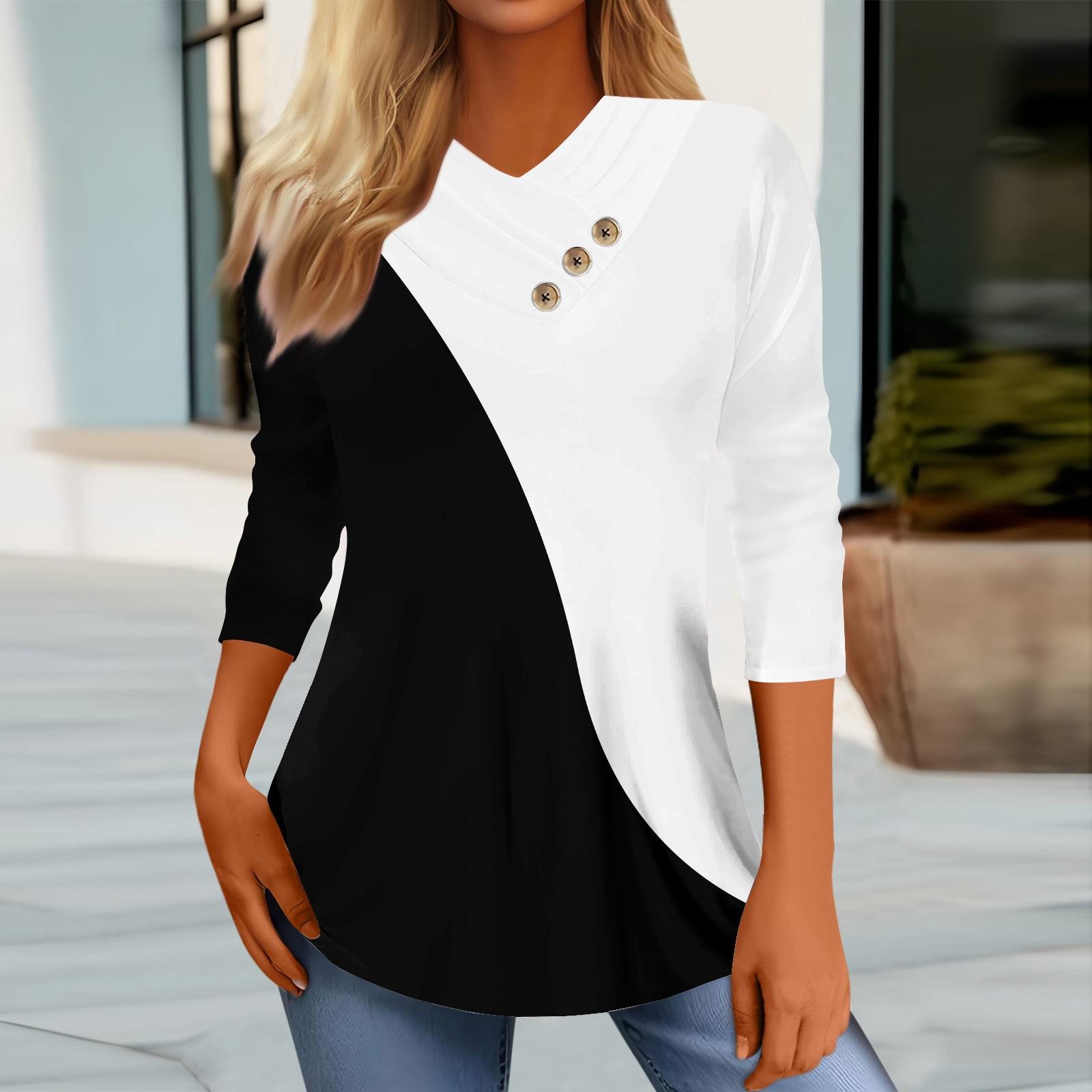 

Женские топы, повседневные рубашки с пуговицами и рукавами 3/4, модные лоскутные блузки с принтом, футболки XXL чёрный