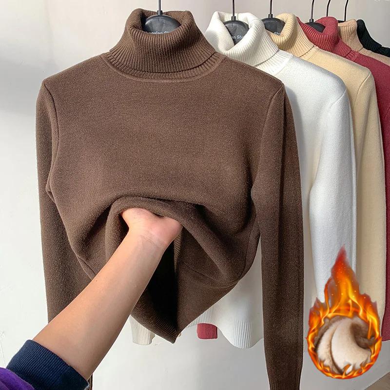 2025 Autumn Winter Women Turtleneck Velvet Thicken Warm Sweater Fleece Thermal Casual Solid Sweater For Women Pullovers