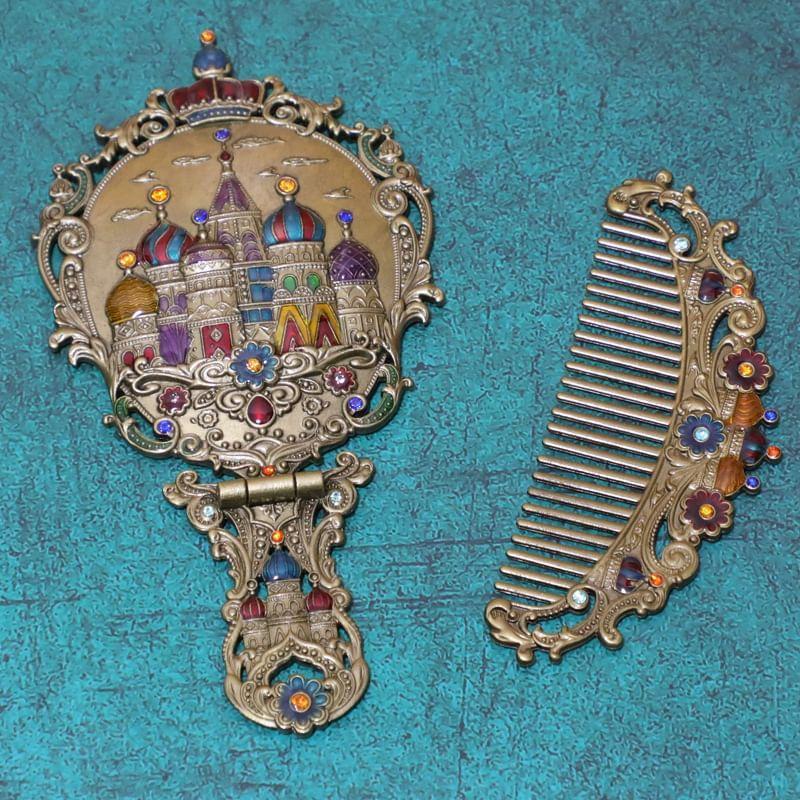 Tuban - Set: Castle / Butterfly / Peacock Alloy Handheld Mirror + Hair Comb (Various Designs)