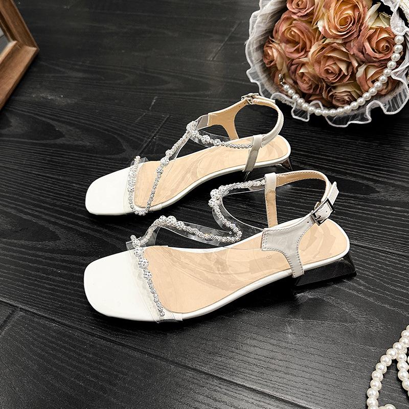 

Fairy wind square head flash diamond word belt 2025 summer new thick heel sandals small size large size women s shoes 41-43 43 белый