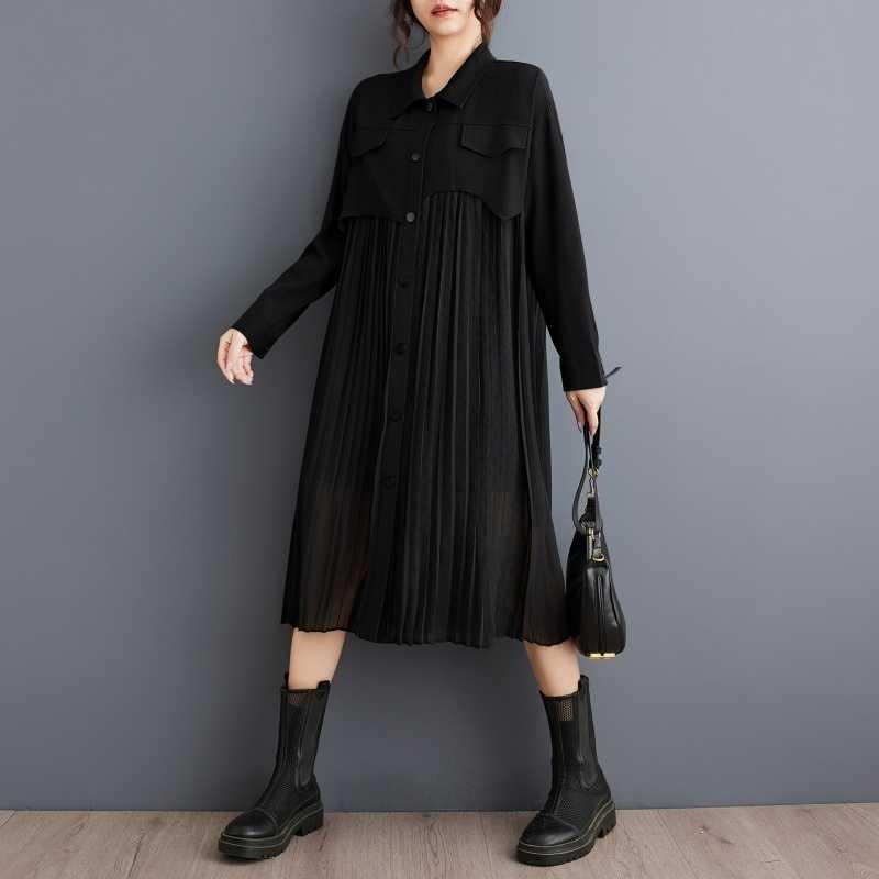 Niche Long Sleeve Loose Patchwork Pleated Dress