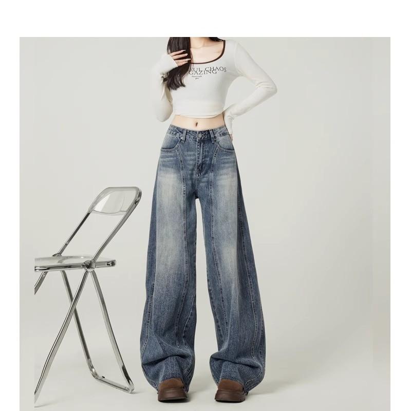 Women's High Waist Wide Leg Jeans Vintage Blue Washed Denim Pants American Streetwear Loose Draped Baggy Long Trousers