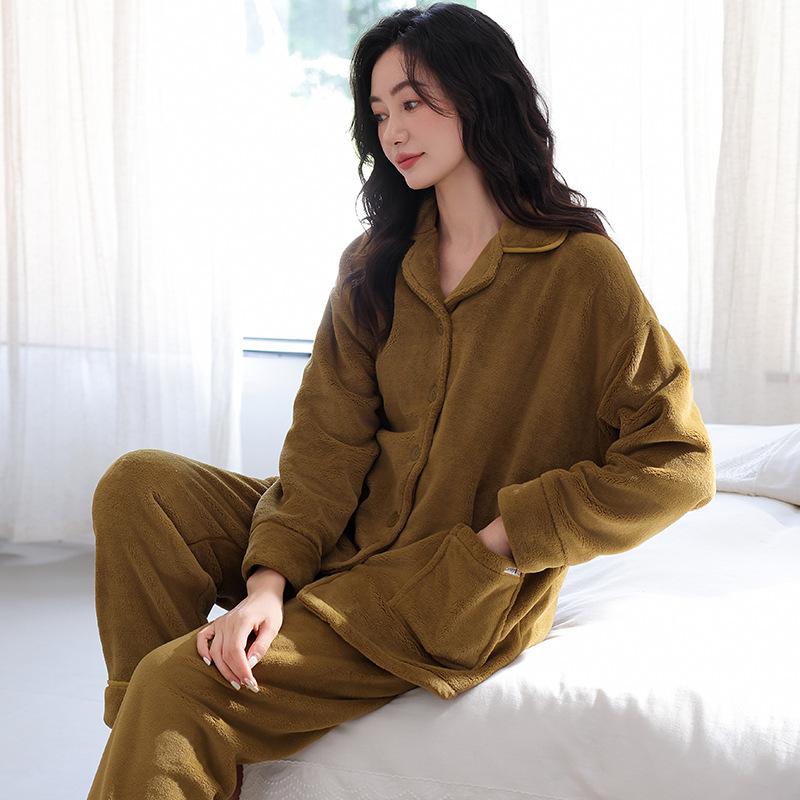 Coral Fleece Pajamas Women'S Autumn And Winter Fleece Thickened Flannel Furry Warm Loungewear Set