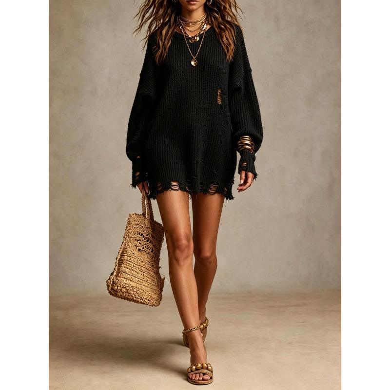 In-Stock Elegant Round Neck Long Sleeve Knit Dress - European & American Street Style