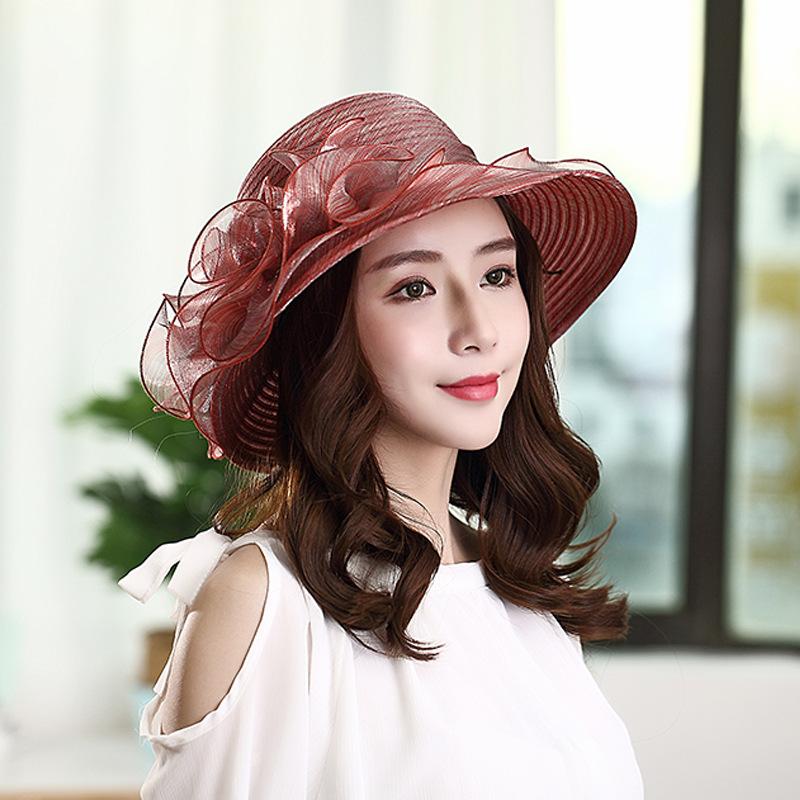 Hat women's summer European and American style organza straw woven stacking flower fashion mesh yarn hat sun protection sun hat versatile cool hat