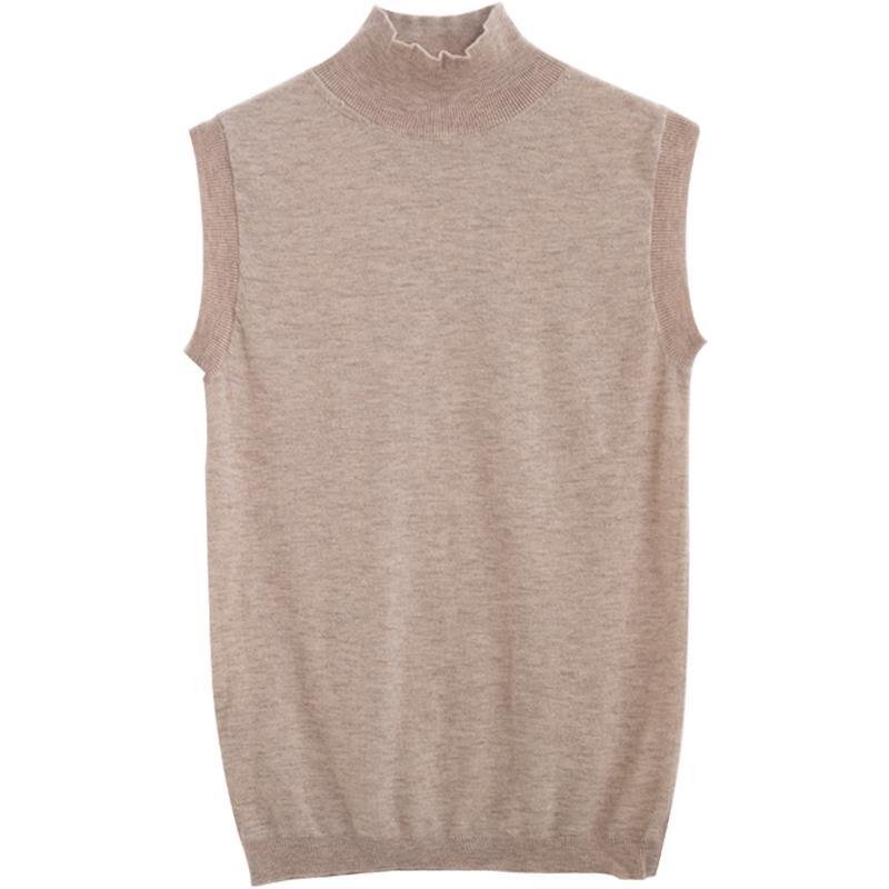 Women's Ice Silk T-shirt Spring Summer Korean Style Sleeveless Lining Top Half High Neck Slim Fit Knit Vest Top