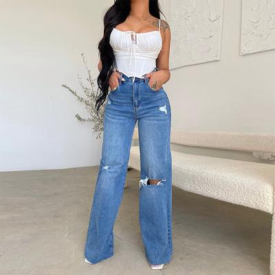 Kadın Kot Pantolon Uzun Yüksek Bel Ham Kenarlı Yırtık Avrupa ve Amerikan Stili Rahat Denim Geniş Paça Pantolon