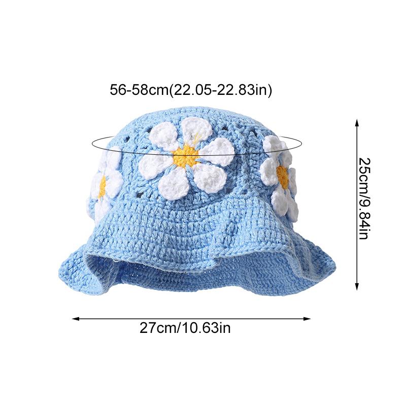 Women Plush Hat Bowler Hat Knitted Hat Breathable Handmade Crochet Vibrant Floral Pattern Cute Hollow Ruffles Colorful 56-58cm