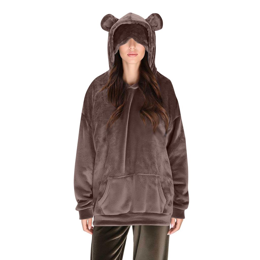 Women's Comfortable Furry Hooded Long Sleeve Sweatshirt With Eye Mask