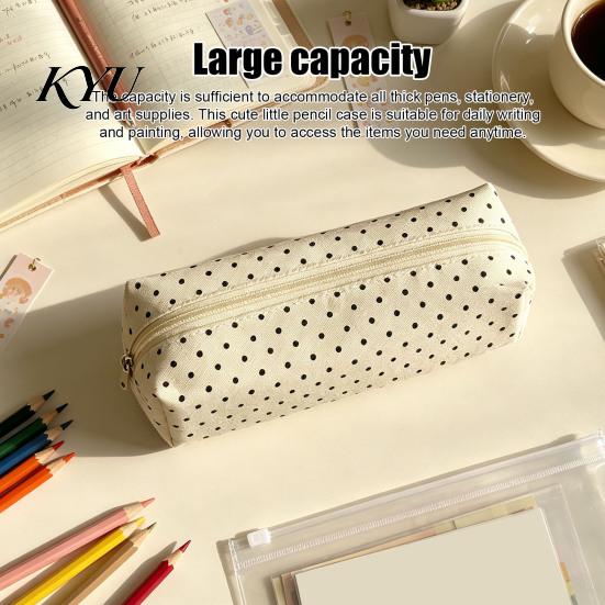 Soft Fabric Art Supply Holder Polka Dot Pencil Case, Stationery Organizer Pouch, Cute Makeup Portable Cosmetic Bag for Women Zipper Closure Pen School