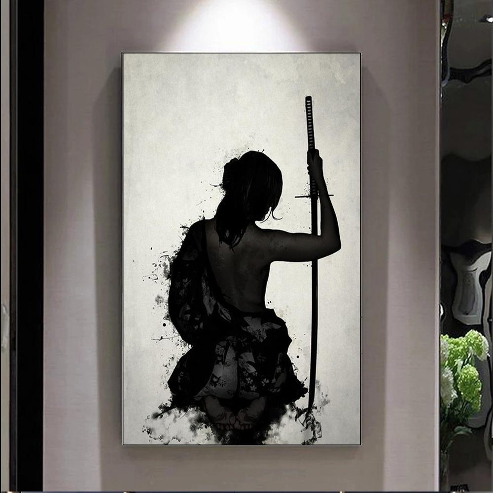 Black and White Japanese Black Samurai Man with Crow Posters and Print Wall Art Canvas Painting for Living Room Cuadros Decor 60 X 40 Cm
