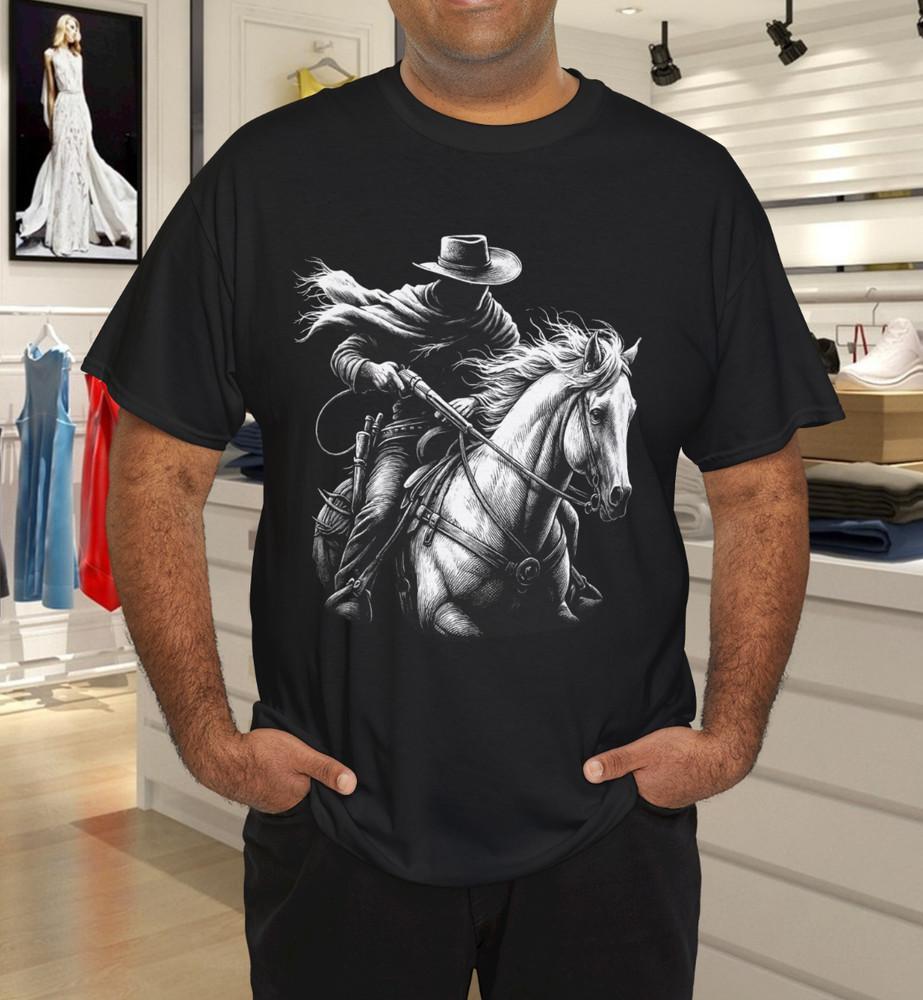 

Ковбой Бандит Вне закона на лошади, Темный западный стиль, Черная футболка 4XL