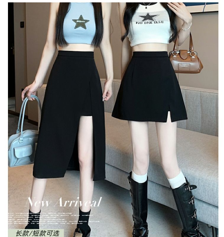 Irregularly Split Black Skirt Women's Summer Medium and Long A-shaped Culottes High Waist Short Skirt Skirt