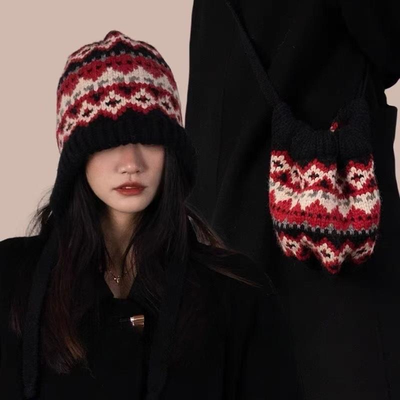 Fel Island Style Knitted Hat, Women, Winter, Balaclava Hat, Bag Dual-use, Warm, Plush Pile Yarn Hat