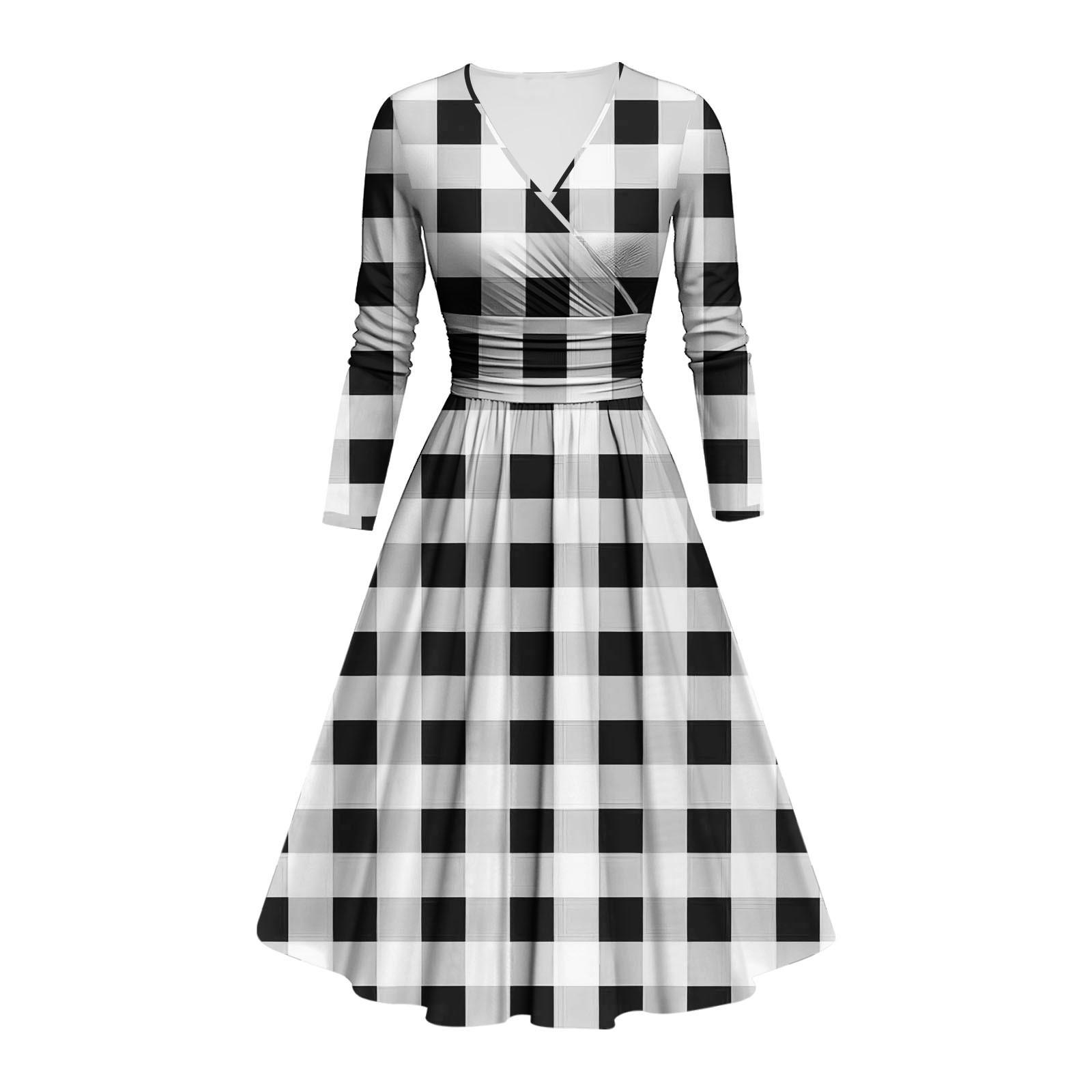 

Женское модное облегающее платье с V-образным вырезом и длинными рукавами, клетчатым принтом и оборками, повседневное платье XXL белый