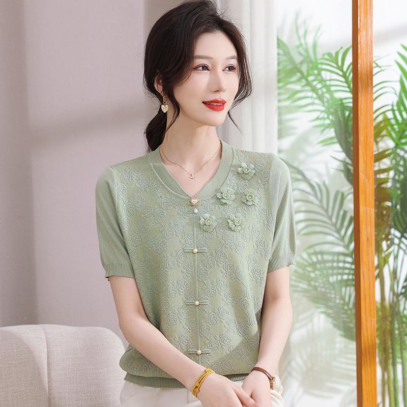 

Summer 2026 Chinese-Style Ice Silk Knit Top for Middle-Aged & Elderly Women - Stylish Short-Sleeved Shirt L (recommended 80-100 lbs) зелёный