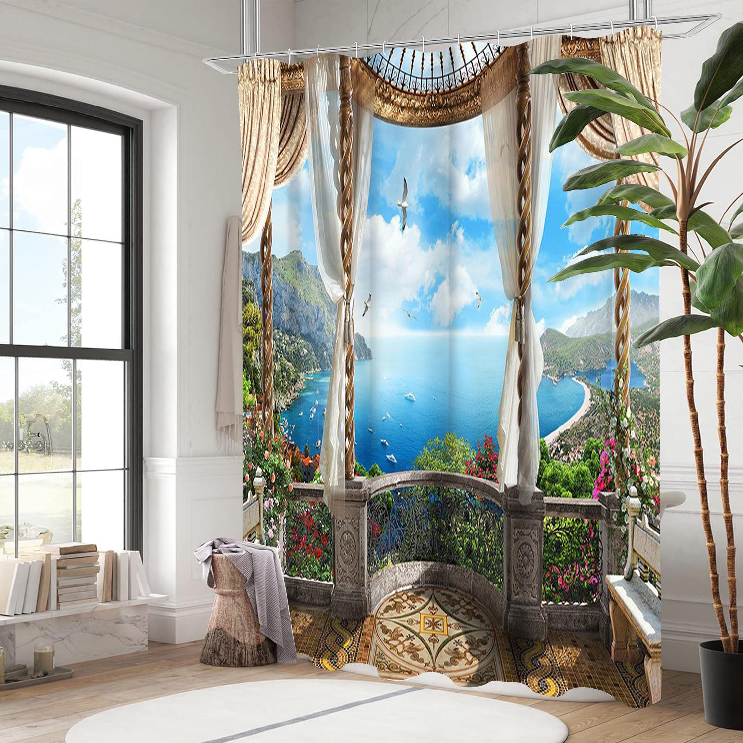 

Пейзажный узор Занавеска для ванной Водонепроницаемая Занавеска для душа для ванной Комнатный декор Бесплатная доставка с 12 крючками 180x180cm curtain фиолетовый