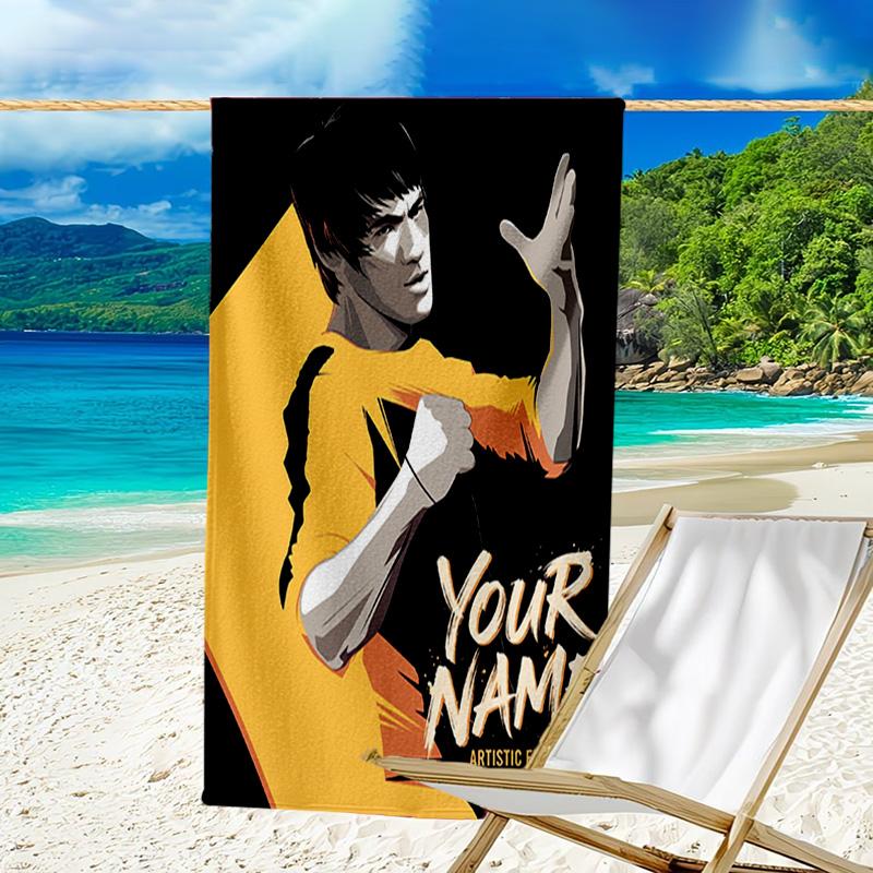 Custom Name Beach Towel Dynamic Bruce-Lee Pose Beach Towel, Soft Microfiber, Gift for Her/Him, Birthday, for Pool, Beach, Travel, Fan gifts