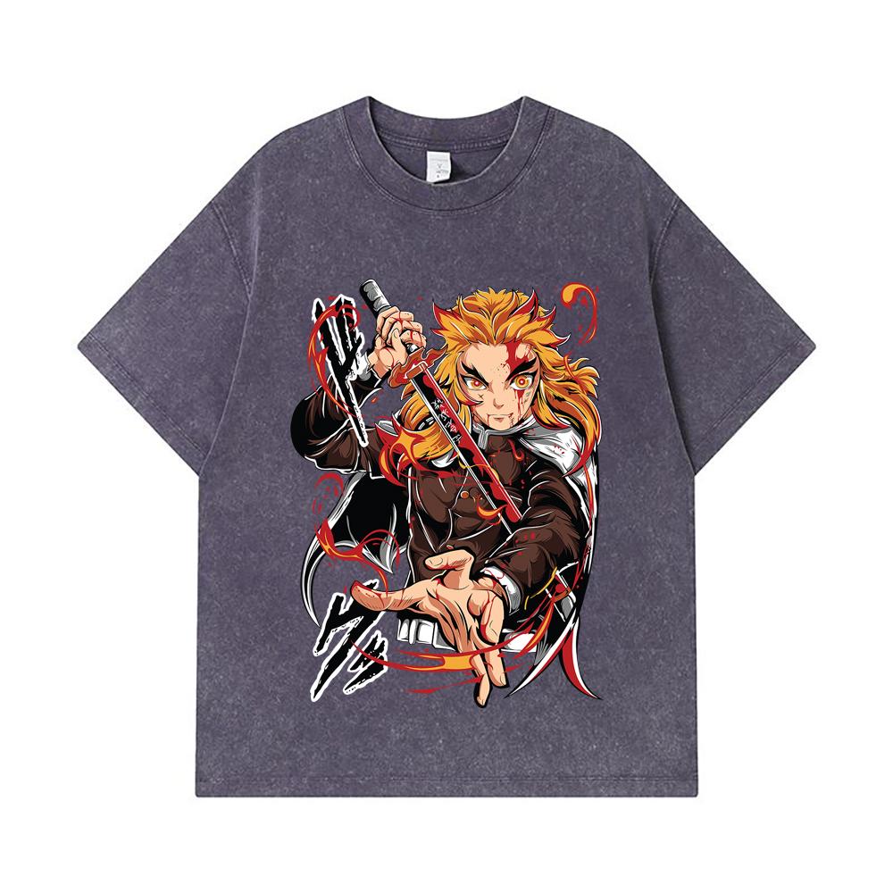 275 GSM Washed T-shirts 100% Cotton Demon Slayer V85 Rengoku Print Unisex Heavy Cotton T Shirt
