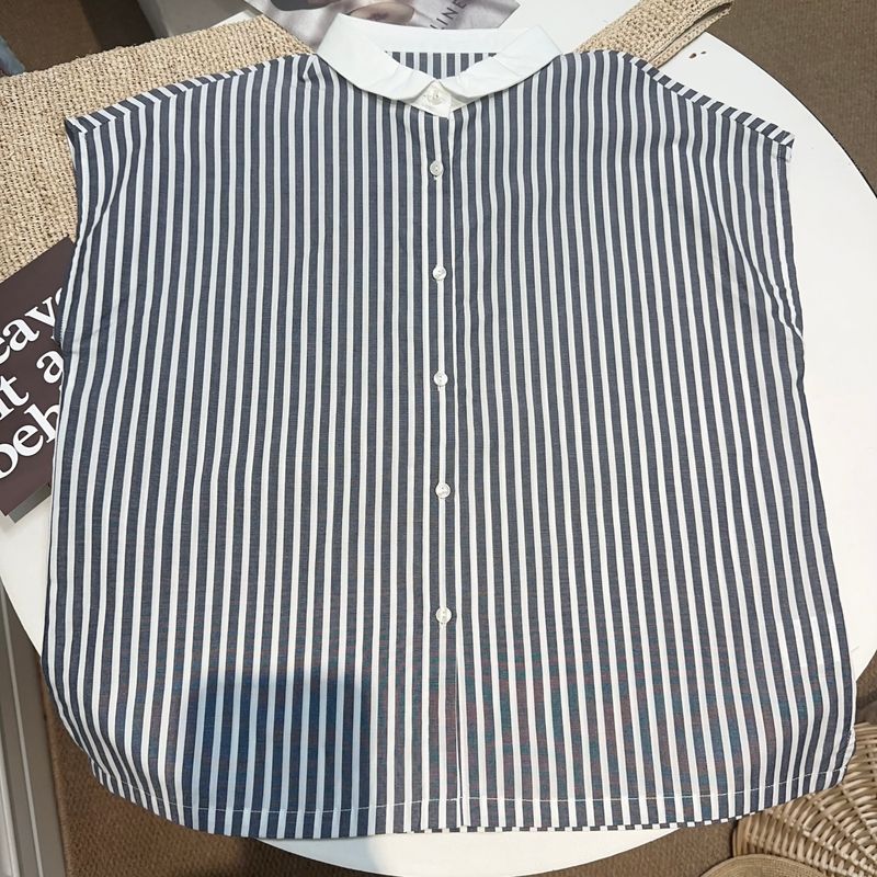 

Rabbit Home-Made Japanese Style Women s Minimalist Sleeveless Slim Looking Spirit Lapel Shirt Tops Pure Cotton Casual Easiest for Match Poplin Cotton dark gray Stripes One size