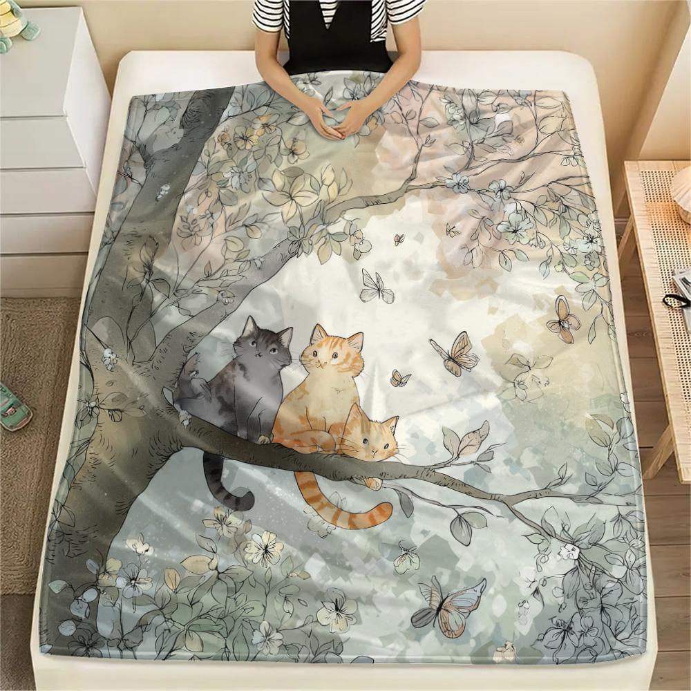Butterfly Cat on a Branch  Print Flannel Blanket, High quality Comfortable for All Seasons, Home Decor, Warmth and Comfort