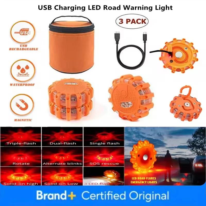3 Pack LED Road Flares Emergency Warning Lights USB Rechargeable Magnetic Flashing Base Safety Disc for Roadside Assistance