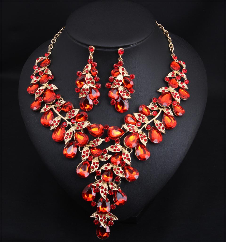 Gorgeous Colorful Crystal Flower Drop Collar Necklace Earring Luxury Wedding Jewelry Set Exaggerated Girl's Bridal Party Gift