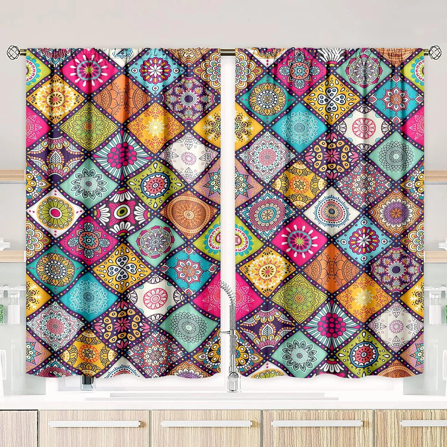 

Комплект из 2-х штор с принтом в стиле бохо - полузатеняющие декоративные шторы для гостиных, спален, офисов, кухонь W60H60(CM)x2pcs&Rod Pocket