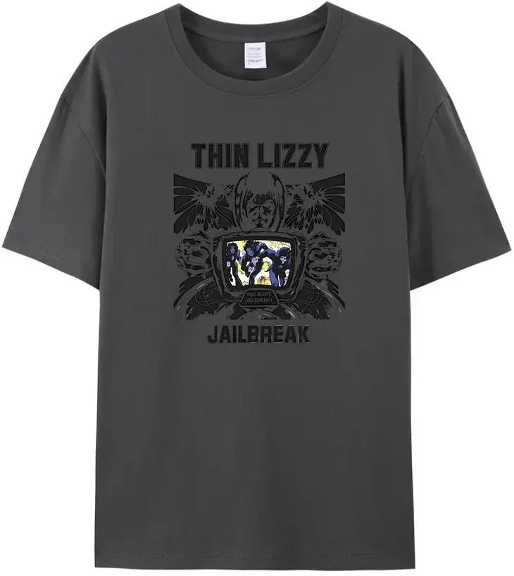 Мужская футболка 2024 100% хлопок Футболка Харадзюку Thin Lizzy Ретро Хлопок JAILBREAK Женская Популярный Принт Буквами Черная Футболка S