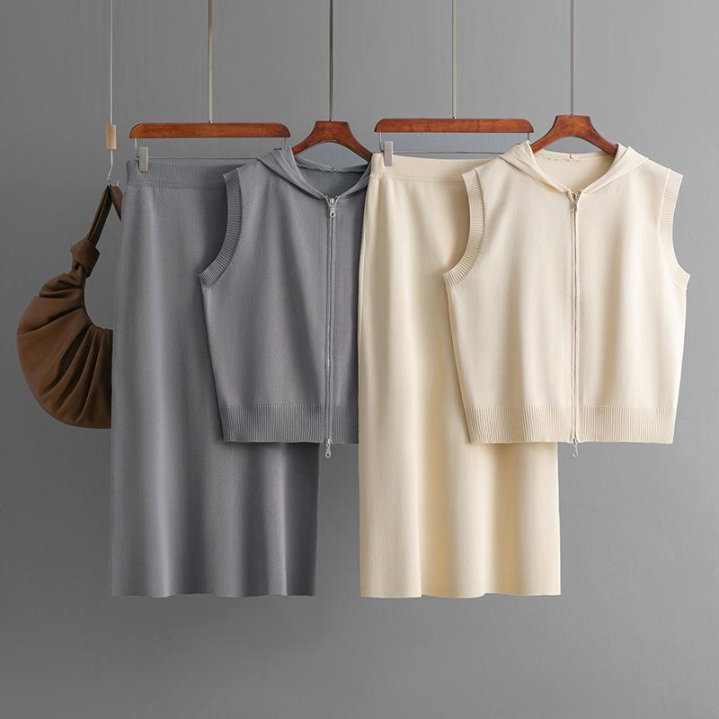 Summer Hooded Knitted Vest Cardigan Women's Fashion Set Skirt Loose Zipper Two-piece Set