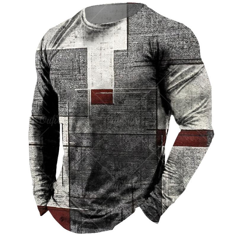 Round Neck 3D Irregular Color Matching Printed Top Fashionable Casual Long Sleeved Men's T-shirts