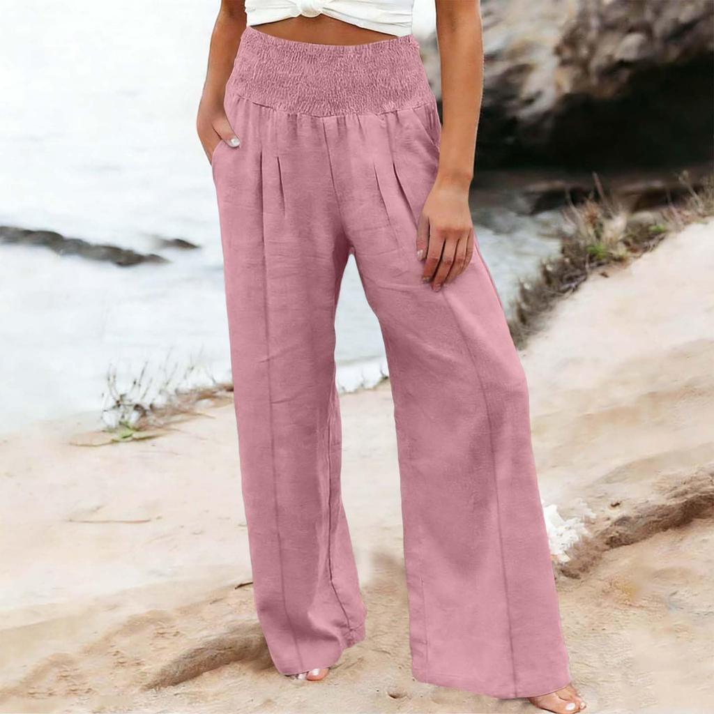 Women's Casual Fashion Cotton Linen Elastic Waist Pants With Pockets