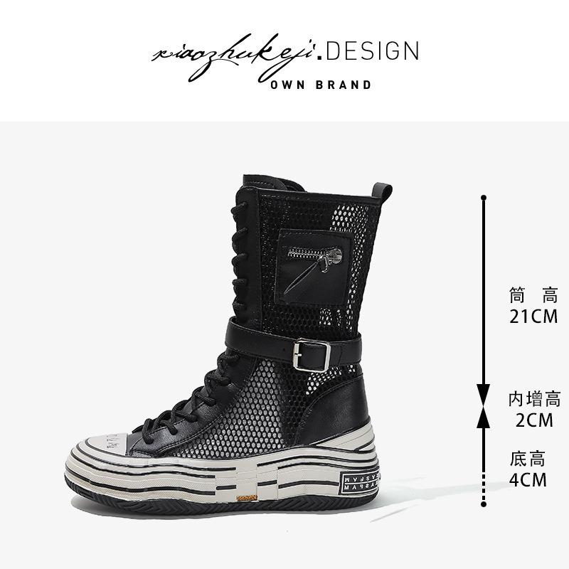 

Leather summer hollow net boots women s new thick-soled inner height increase medium tube Martin boots mesh thin cool boots 40