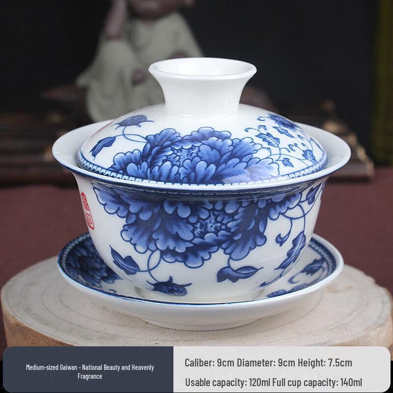 Large Blue and White Porcelain Gaiwan for Gongfu Tea