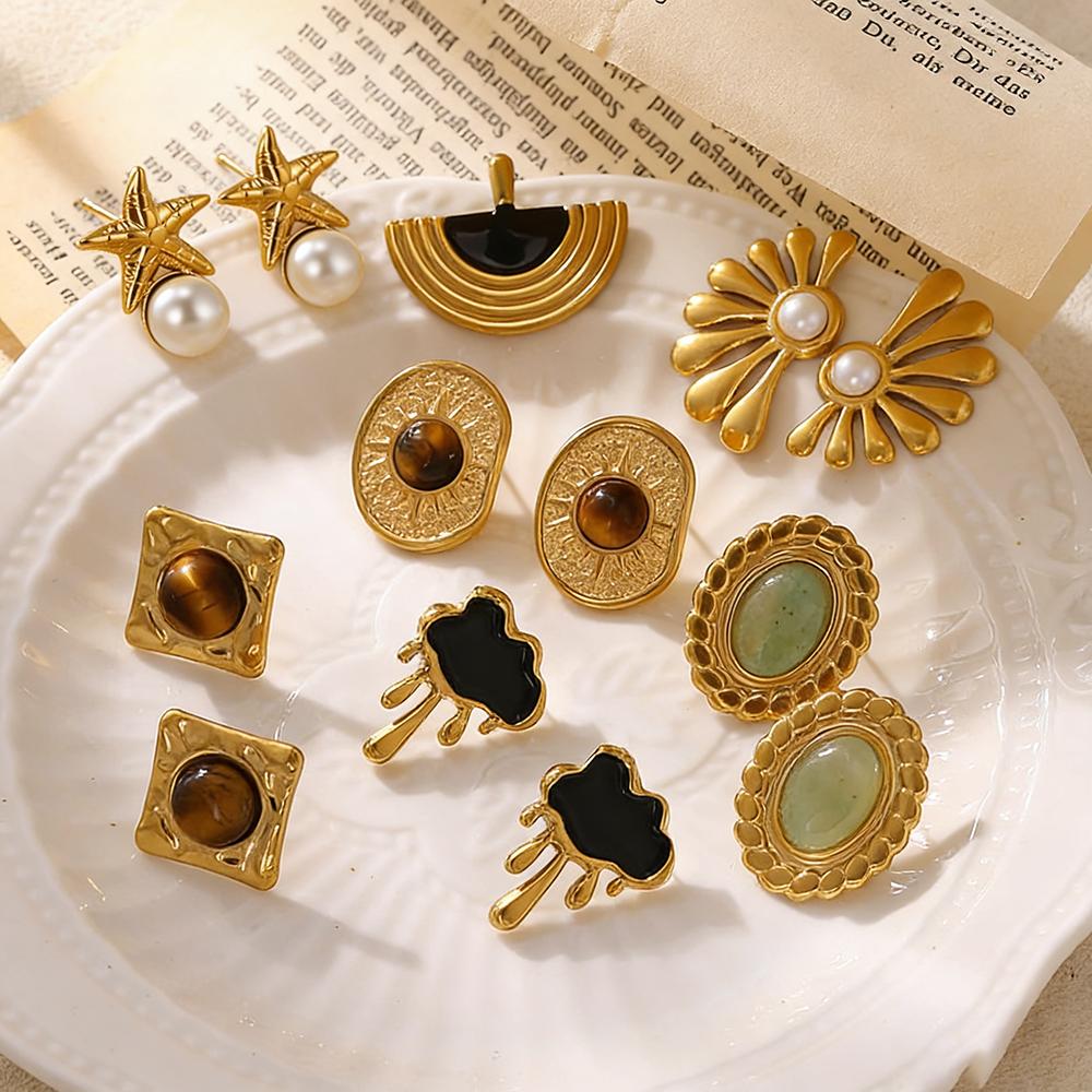 Vintage Gold Color Earrings For Women Geometric Tiger Eye Aretes Enamel Drop Big Stud Earring Stainless Steel Jewelry Party Gift
