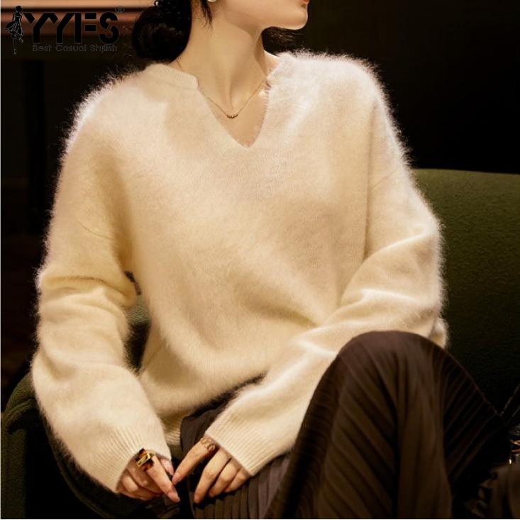 

YYFS женские модные повседневные однотонные принты осень-зима с длинным рукавом и v-образным вырезом свитера One Size белый