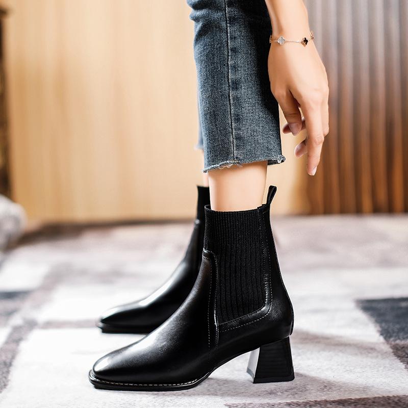 Thick Heel Square Head Short Boots Women's High Heel Socks Boots Knitted Elastic Boots 2025 New Women's Boots Medium Heel Spring and Autumn Single 
