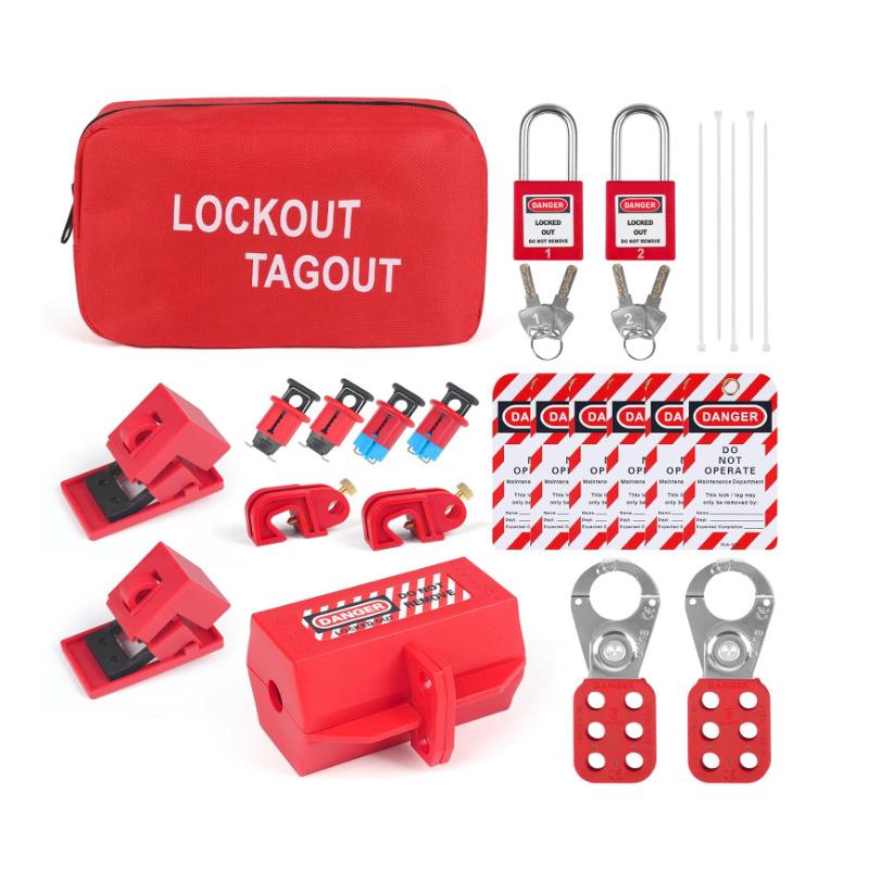 Red Set Electrical Lockout Tagout Kits Safety Hasp Latch Warning Tags Circuit Breaker Loto Locks Nylon Ties with Pocket Bag No